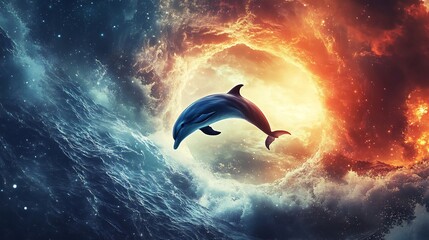 Dolphin leaping through a cosmic portal in the ocean blending realism with surreal fantasy stunning colors
