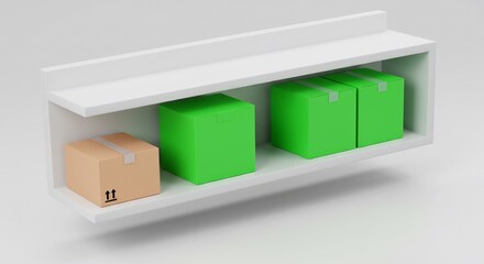 Obraz premium Minimalist White Shelf with Cardboard and Green Storage Boxes in Modern Interior