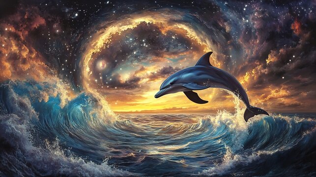 Dolphin leaping through a cosmic portal in the ocean blending realism with surreal fantasy stunning colors
