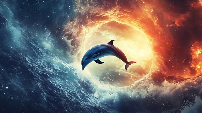 Dolphin leaping through a cosmic portal in the ocean blending realism with surreal fantasy stunning colors