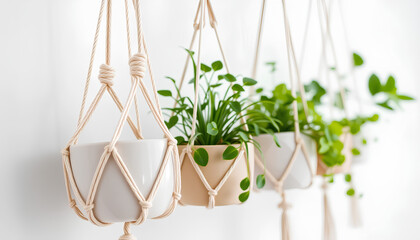 Close-up of minimalist hanging planters with triangle macramé supports, neutral ceramic pots with green indoor plants