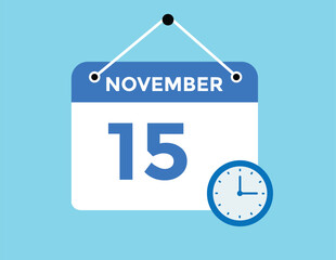 15 November, calendar date icon. 15 November Calendar Date for Deadlines or Appointment. Day, month. vector illustration.
