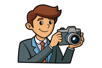 Smiling businessman holding a professional digital camera ready to capture memories and document events