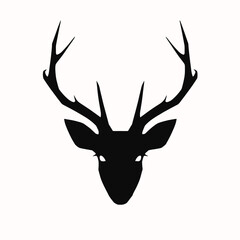 Majestic Deer Head Silhouette – Black and White Vector Illustration Featuring Prominent Antlers and Symmetrical Design