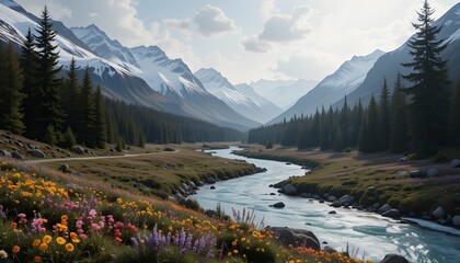 River Winding Through Snowy Mountains and Wildflowers
