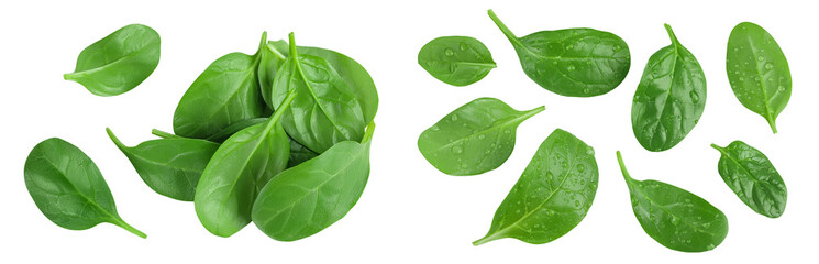 Baby spinach leaves isolated on white background. Top view. Flat lay