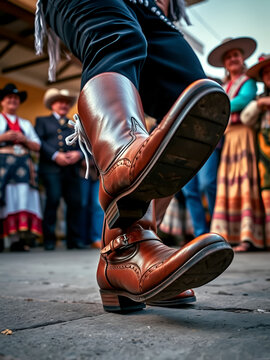 A Gaucho Stomping His Leather Boots while Dancing "Zapateo", an Argentine Folklore Dance originated in Santiago del Estero province, Argentina. Low Angle View.