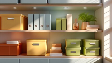 Organized Storage Shelves with Colorful Boxes and Green Plants in a Minimalist Workspace