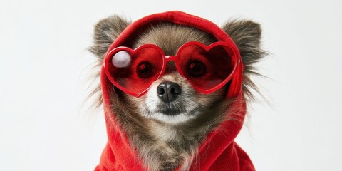 The small dog wearing heart-shaped sunglasses in a red hoodie.