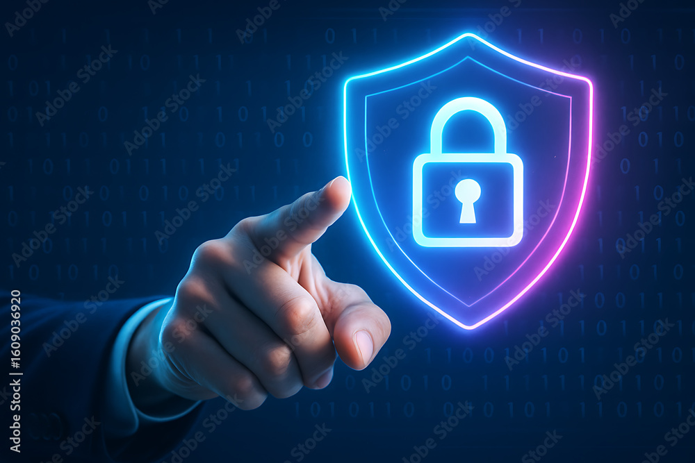 Poster cybersecurity protection concept with digital lock symbol and user finger pressing holographic secur