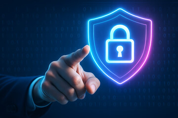 Cybersecurity protection concept with digital lock symbol and user finger pressing holographic secure interface for safe access to data and internet privacy system