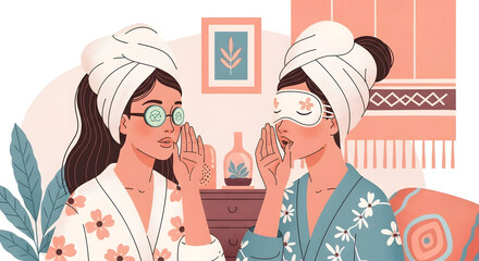 Two women enjoying a relaxing spa day at home, wearing robes and beauty masks, whispering secrets and sharing gossip.