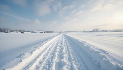Flat Snow Path Stretching into Winter Landscape
