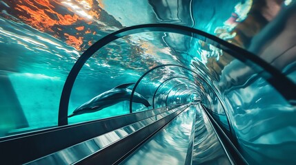 Dolphin swimming gracefully in an aquarium tunnel viewed from below through the curved glass reflections and refractions visible