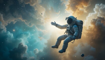 Astronaut Floating in Radiant Nebula Space
