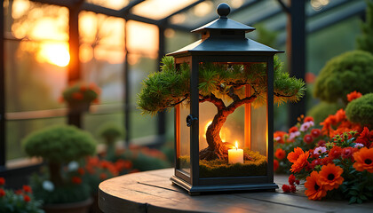 Lantern's Garden: A serene garden scene captured, a meticulously crafted bonsai tree within a lantern is illuminated by a soft candle, a beacon amidst the verdant surroundings.