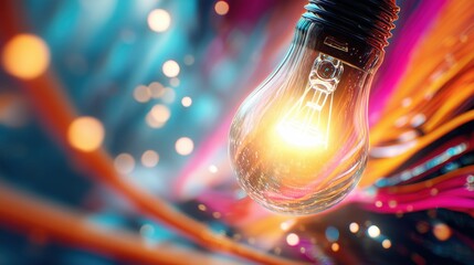 A glowing light bulb surrounded by a vibrant explosion of colorful abstract elements, with soft-focus bokeh lighting