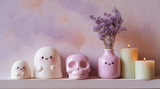 Pastel Halloween shelf decor with kawaii ghost figurines, pink skull, lavender flowers in cute vase and candles on textured background in soft cozy aesthetic concept - Powered by Adobe