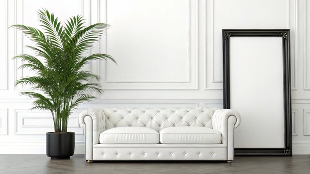 Elegant Living Room with Tall Black Frame Beside White Couch and Potted Palm