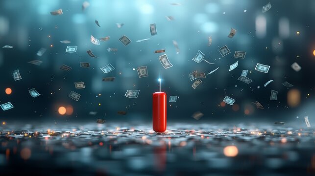 Explosive cash flow red dynamite amidst floating dollar bills in a mysterious financial environment