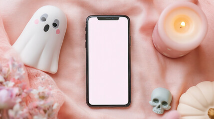Pastel Halloween phone mockup on soft pink fabric with cute ghost, candle, skull and pumpkin decor for kawaii seasonal branding or mobile app presentation