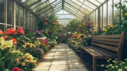 Vibrant greenhouse filled with colorful flowers and plants. A wooden bench is placed along the stone pathway