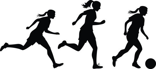 Three silhouetted female athletes in motion running and kicking a soccer ball on a white background representing teamwork and athletic training