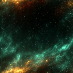 Fototapeta premium Textured space backdrop with vibrant yellow-orange and blue-green nebula clouds, dotted with tiny stars