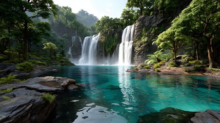 Fototapeta premium Breathtaking Waterfall Cascading into Clear Blue Pool Surrounded by Lush Tropical Forest
