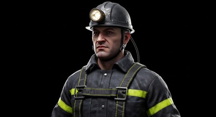 Serious Male Firefighter Wearing Helmet and Protective Gear in Studio Setting