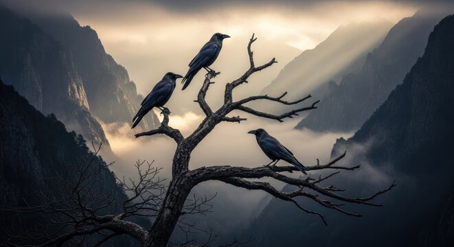 Three crows perched on a bare tree branch against a misty mountain backdrop