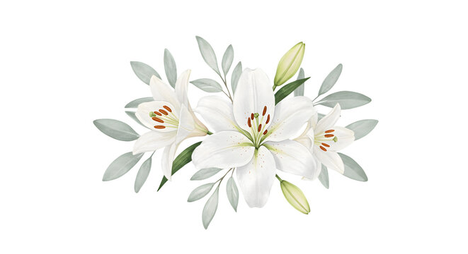 White Lily Flowers Watercolor Arrangement on Transparent Background