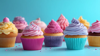 Flat lay composition of assorted delicious cupcakes arranged on a vibrant colored background — perfect for bakery promotions or party-themed visuals.

