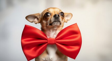 Adorable Chihuahua Dog Wearing a Large Red Satin Bow Tie