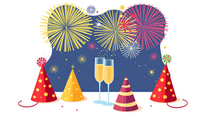 Flat vector illustration of New Year’s Day celebration with fireworks, party hats, and champagne glasses