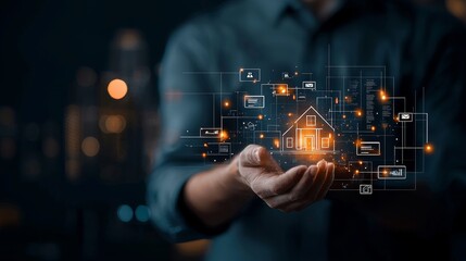 Digital home management solutions urban setting graphic visualization modern technology close-up view innovation in real estate