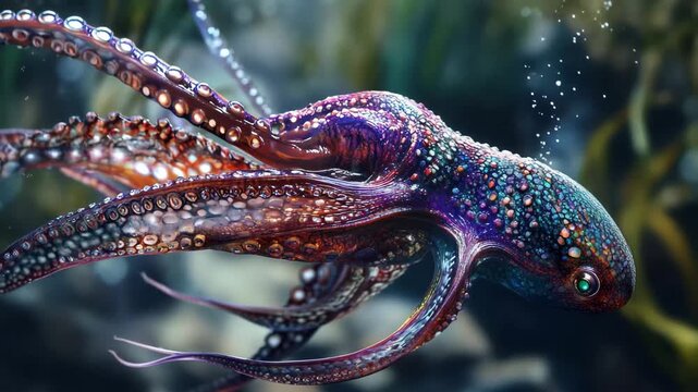 A stunning octopus navigates through a lively underwater world, showcasing its brilliant colors and unique texture among rich flora and shimmering bubbles, creating a captivating aquatic experience.