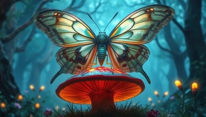 Giant fantasy moth with translucent, neon-patterned wings resting on a glowing mushroom in an enchanted woodland