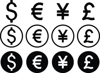 Money currency sign. Dollar, Pound, Euro, Yuan icon set. Currency symbols. vector illustration