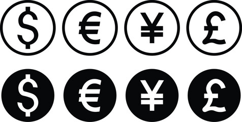 Money currency sign. Dollar, Pound, Euro, Yuan icon set. Currency symbols. vector illustration