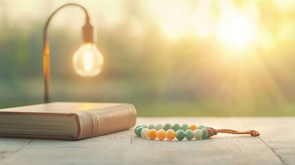 Morning serenity relaxing still life with book and bracelet nature setting calm atmosphere warm lighting