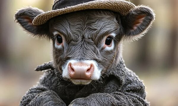 Cute calf wearing a straw hat