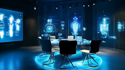 Enter a cutting edge environment where technology meets design, showcasing a luminous round table surrounded by interactive displays and modern seating for collaboration and innovation.