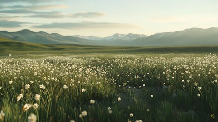 serene mountain meadow with golden sunset light for peaceful retreat nature exploration scenic view outdoor relaxation photography inspiration concept.