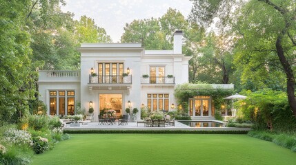 Elegant modern home design suburban area architecture showcase lush garden exterior viewpoint tranquil atmosphere for homeowners