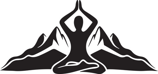 Serene mountain peak with a yoga pose silhouette symbolizing peace and wellness isolated on transparent background