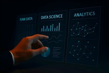 A hand interacts with screens displaying raw data, data science, and analytics visualizations
