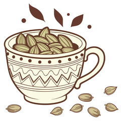 Traditional Arabic Coffee Cup Vector – Golden Pattern with Cardamom Beans, Cultural Heritage and Middle Eastern Design