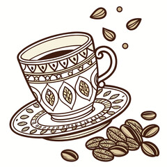 Arabic Style Coffee Cup Vector. Traditional Arabic cup with golden pattern and cardamom – cultural diversity design.
