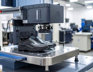 A precision measuring machine examines two black leather shoes